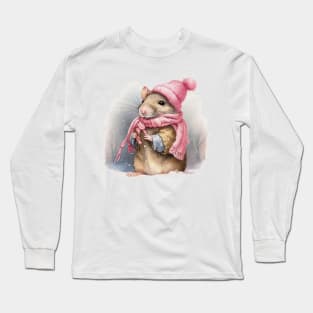 Adorable cute Mouse wearing a pink hat and scar Long Sleeve T-Shirt